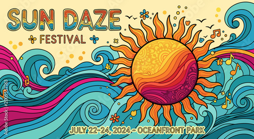 Tableau sur toile Vibrant Sun Daze Festival poster featuring a psychedelic sun and wavy ocean design, announcing dates July 22-24, 2024, at Oceanfront Park