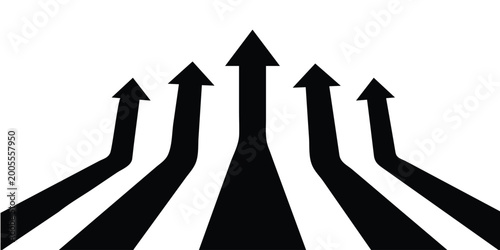 Five black arrows pointing upwards and converging, symbolizing growth, progress, and multiple paths leading to a unified goal or success.