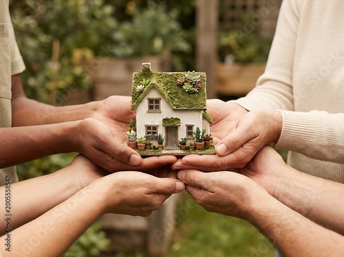 Many diverse hands holding beautiful miniature cottage house with green moss roof.
