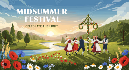 Foto Midsummer Festival: People in traditional clothing dance around a maypole in a scenic landscape with a river and rolling hills, celebrating the light