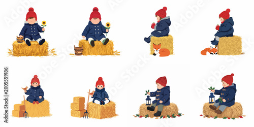 Fotografia Illustrations of a child in winter clothing sitting on haystacks with seasonal elements like sunflowers, a fox, a bird, and a lantern