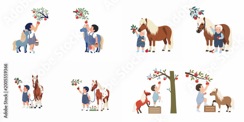 Bild auf Leinwand Collection of vector illustrations featuring young children and cute ponies harvesting red apples together in a charming flat design style