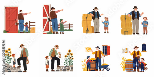 Fotografie A series of illustrations depicting a grandfather and grandson bonding while engaging in various traditional farming activities and chores in a rural countryside