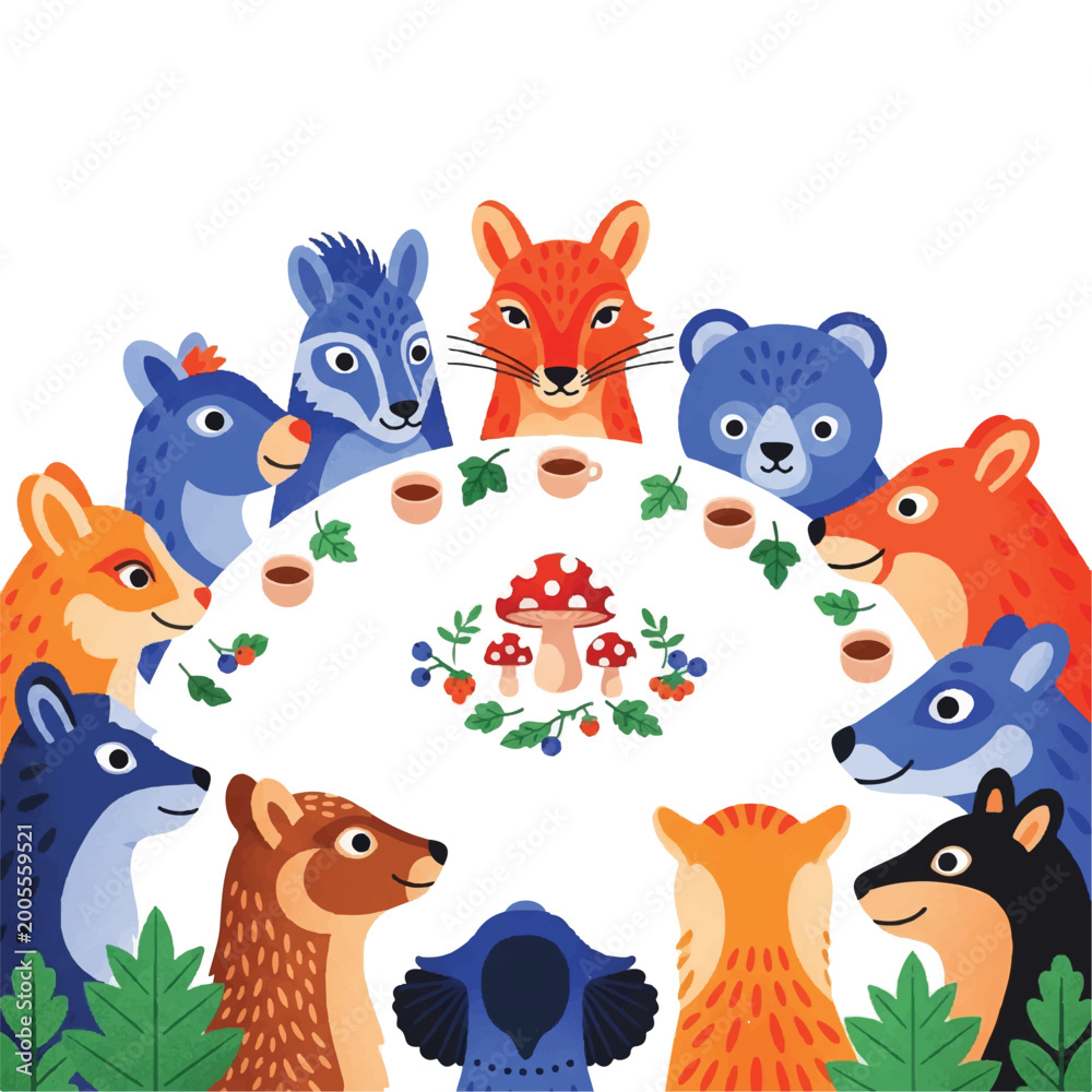 Naklejka premium Colorful Circle of Cartoon Animals Surrounding a Central Floral Shield.