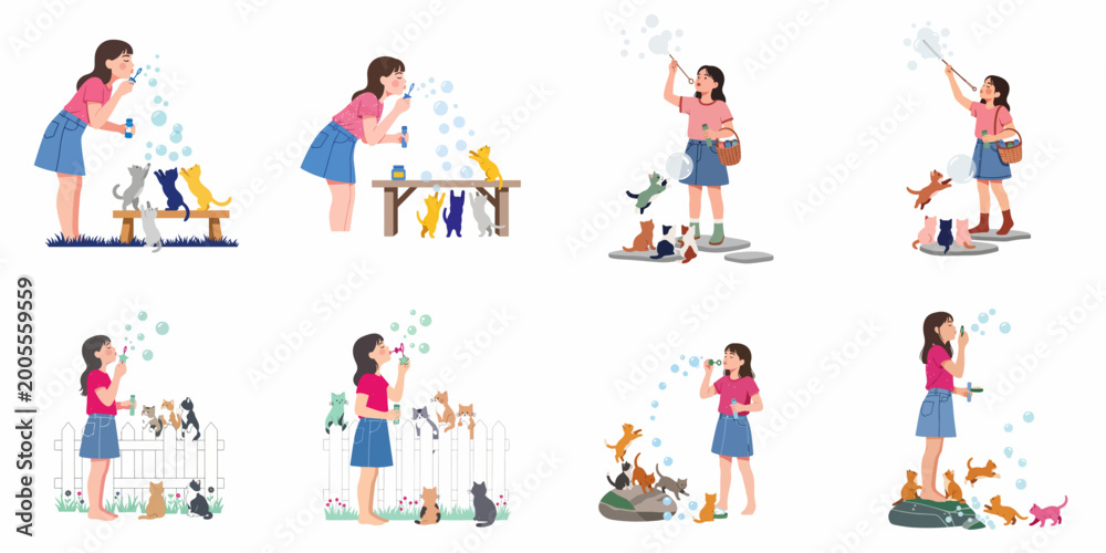 Fototapeta premium Collection of illustrations showing a young girl blowing soap bubbles while kittens play and jump around her in various outdoor settings.