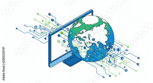 Computer Monitor Displaying Earth Globe with Digital Network Connections