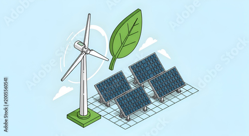 Renewable Energy Solutions Wind Turbine, Solar Panels, and Green Leaf Icon
