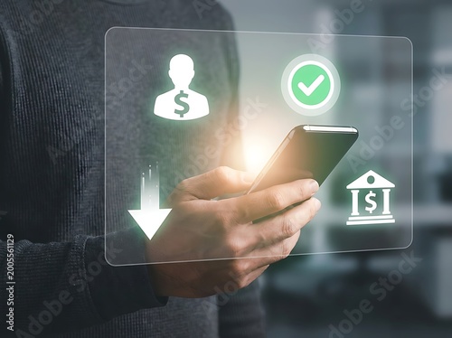Person using smartphone for online banking and money transfer with financial icons.