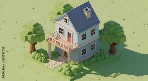 Low Poly Isometric House, Cute Family Home with Trees and Garden, 3D Render
