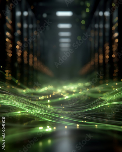 Digital Realm of Data: An ethereal view of a data center corridor, where flowing digital streams of green light cascade across the floor, symbolizing data flow and technology. 