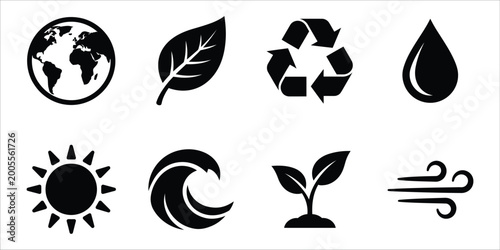 Environmental icons earth nature and sustainability symbols in black silhouette
