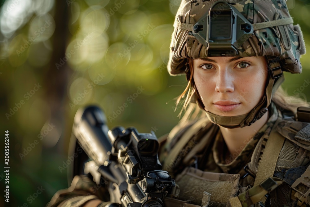 Fototapeta premium Sentinel of Strength: A Woman Warrior Wielding Rifle