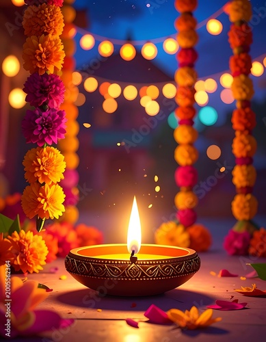 A lit candle surrounded by flowers and decorations at night