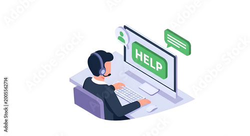 Customer Support Icon Person with Headset at Computer, Help Button