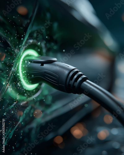 Electric Vehicle Charging: The image captures a detailed view of an electric vehicle being charged, showcasing the charging cable connected to the car with a glowing green light illuminating the port.