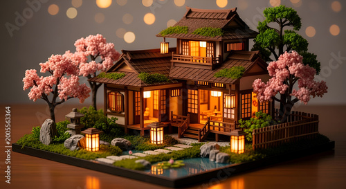 Miniature Japanese House with Cherry Blossoms and Zen Garden, Warm Evening Light