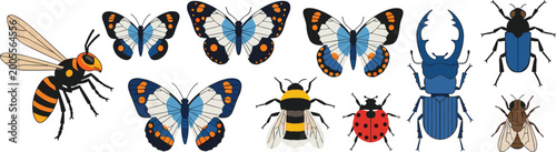 Fotografie Illustration of Colorful Insects Including Butterflies, Bees, Ladybugs, and Beet
