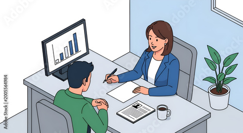 Job Interview Meeting HR Manager Interviews Candidate with Resume and Laptop