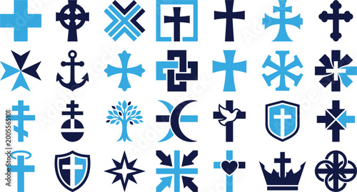 Foto Christian religious cross symbols and designs with anchor tree moon and shield flat vector set