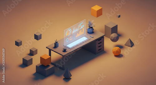 Futuristic Desk with Holographic Display, Data Analytics, Isometric 3D Render