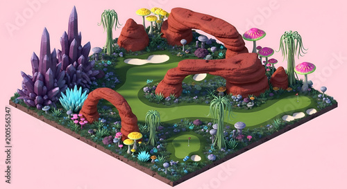 Fantasy Golf Course Diorama Alien Landscape with Crystal Formations and Glowing Mushrooms