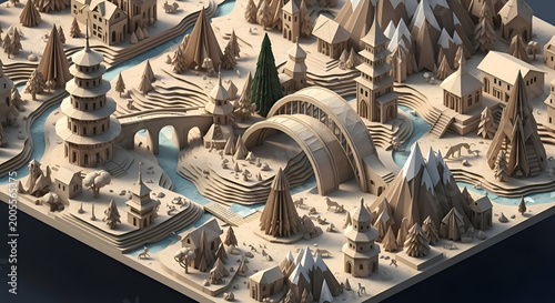Miniature Isometric Cityscape Diorama Wood Craft Architecture, Mountains, River, Bridge