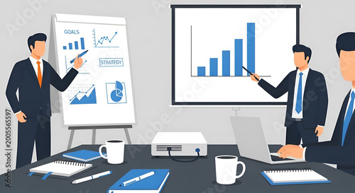 Business Meeting Presentation Growth Charts in Conference Room with Colleagues