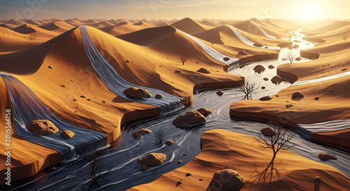 Surreal Desert Oasis Landscape with Winding River and Dunes