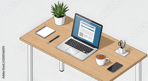 Modern Workspace Laptop, Tablet, Coffee, Plant on Desk for Remote Work  Office