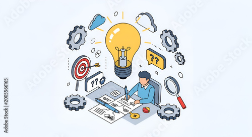 Business Idea Generation  Strategy Lightbulb, Brainstorming, Target  Workflow with Man