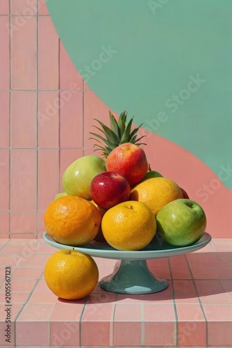 Bright still life with exotic and seasonal fruits in watercolor style for festive decoration