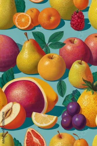 Creative composition of fresh fruit with brushstrokes and pencil lines for food design