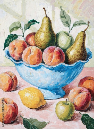 Artistic composition of fresh fruit using various painting techniques for printing