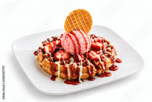 Belgian waffle with strawberry ice cream and fresh berries isolated on white background