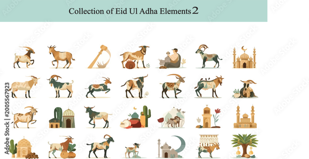 Fototapeta premium Islamic Eid Design Elements Pack with Decorative Tiles, Festival Objects and Traditional Symbols