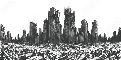 Photos Black and white illustration of a destroyed city skyline with ruined buildings a