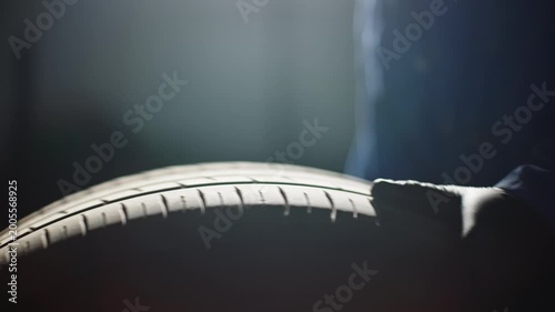 Dramatic close-up of a car tire revealing detailed tread grooves and rubber texture under moody lighting, capturing the wheel profile to emphasize traction, wear, and performance.