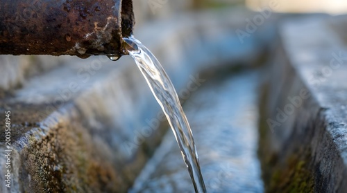Fresh clear water flows steadily from a weathered metal pipe into a narrow stone channel basin