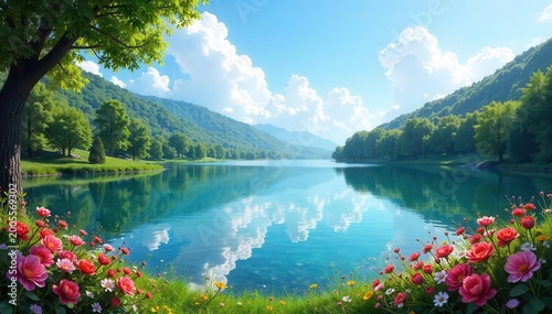 A tranquil landscape with a shimmering lake reflecting a clear blue sky, surrounded by lush green trees and colorful flowers in bloom , scenic, peace