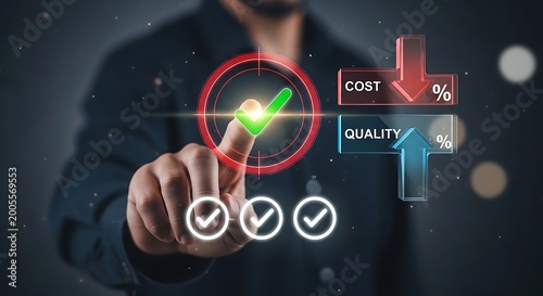 Quality Management and Cost Optimization Concept, Businessman Achieving Target to Increase Quality and Decrease Cost, Strategic Business Performance and Efficiency Improvement