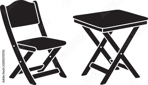 Black folding chair and table, isolated on white background