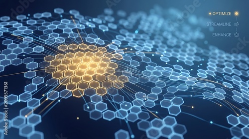 Hexagons expand outward from a central glowing data point to highlight the radiating impact and interconnected nature of digital networks that aim to optimize, streamline, and enhance operations.