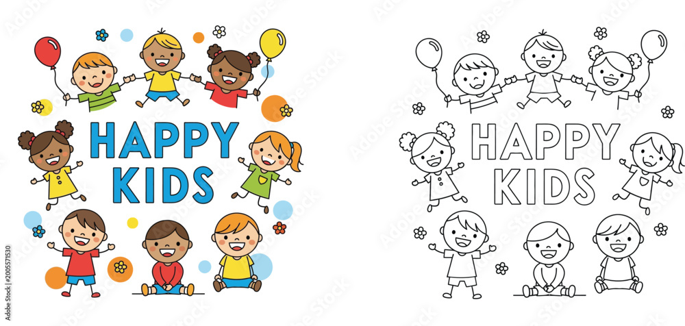 Fototapeta premium Happy Kids Illustration Set with Diverse Cartoon Children, Balloons, and Flowers plus Outline Coloring Page Version for Preschool Educational Activity and Nursery Decor Vector Design