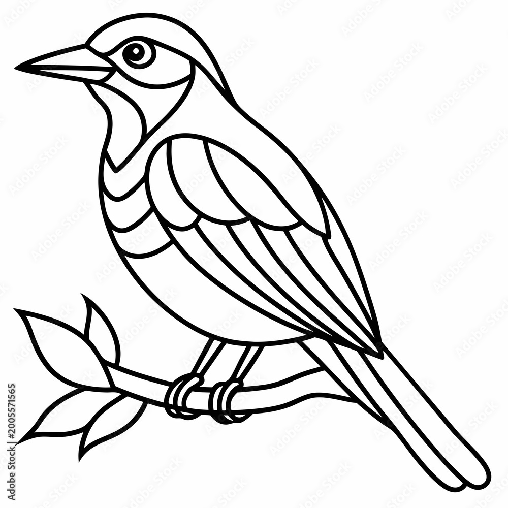 Obraz premium Black and white line drawing of a small bird perched on a branch