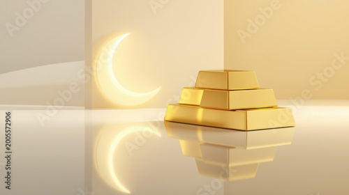 Shariah compliant investment concept with gold bars and crescent moon symbol