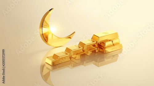 Shariah compliant investment concept with gold bars and crescent moon symbolizing islamic finance and halal wealth management