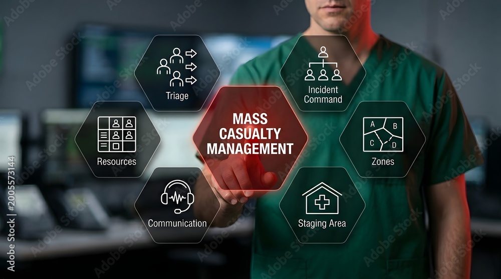 Naklejka premium Medical professional presenting mass casualty management concepts using digital emergency response icons. Ideal for healthcare marketing, emergency training, and disaster preparedness.