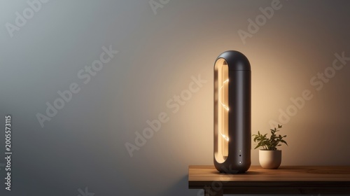 Modern smart home device with glowing light on wooden table next to small potted plant