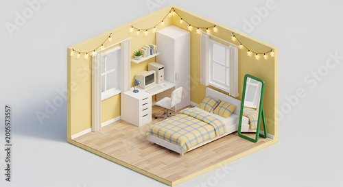 Cozy Isometric Bedroom Studio with Desk, Bed, and Fairy Lights