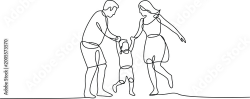 Bild auf Leinwand Minimalist continuous one line drawing of a happy family with father mother and child walking together for modern parental branding